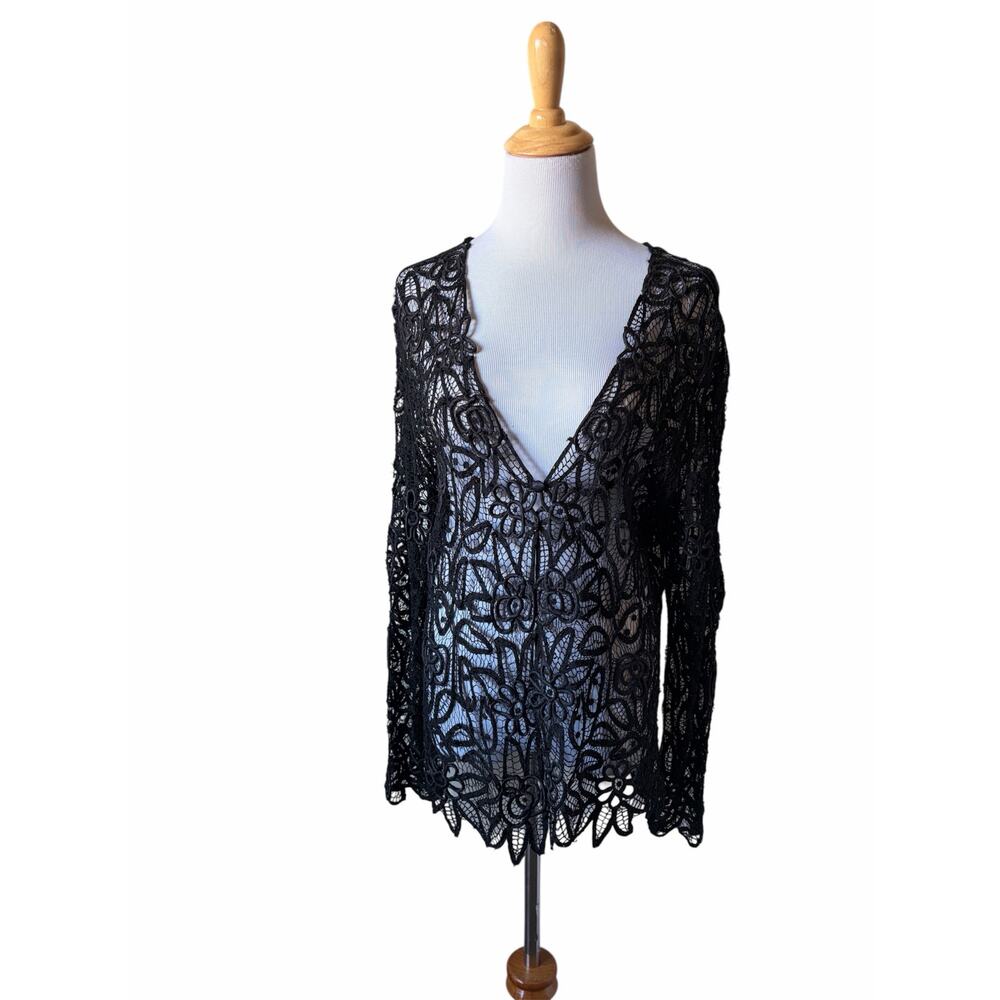 Soulmates Elegant Hand Crafted Crocheted Black Beaded Floral Lace Jacket- Sz M